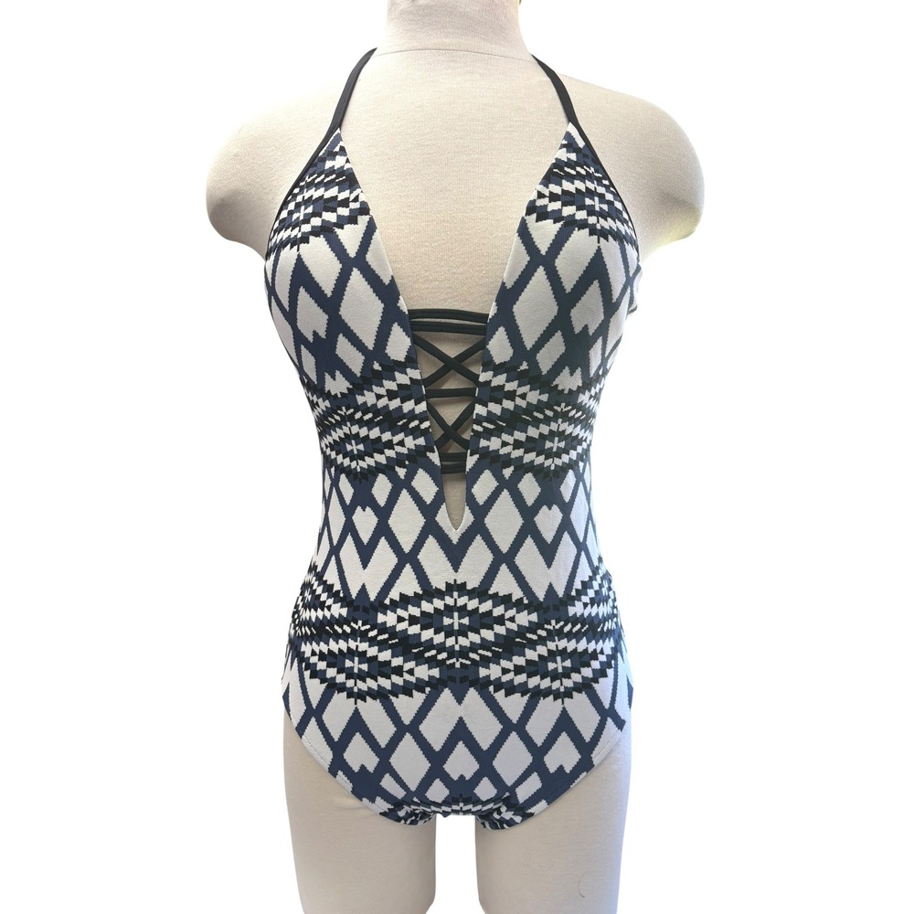 Seafolly Modern Tribe Deep V Maillot One‎ Piece Swimsuit Navy Geometric 14